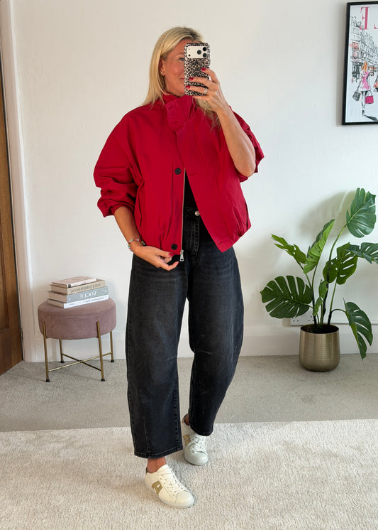 Red Funnel Neck Trench Bomber Jacket