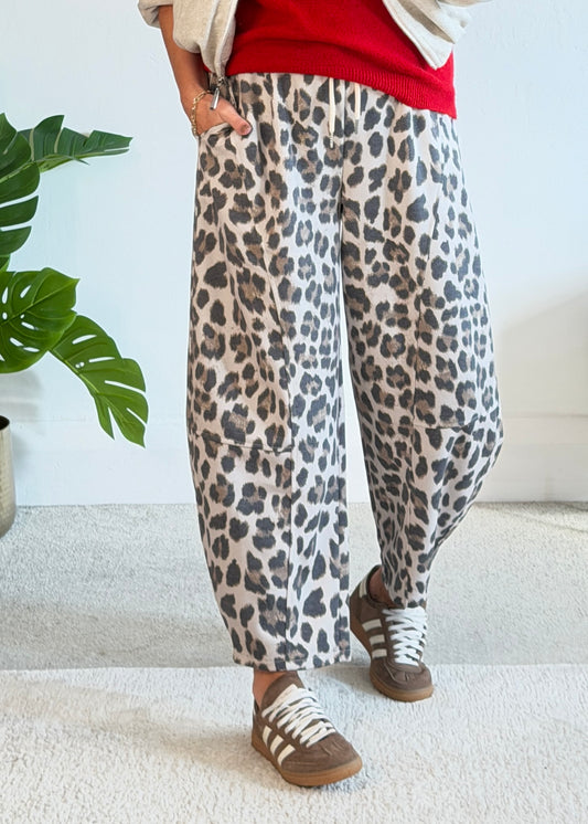 Stone Leopard Print Barrel Joggers