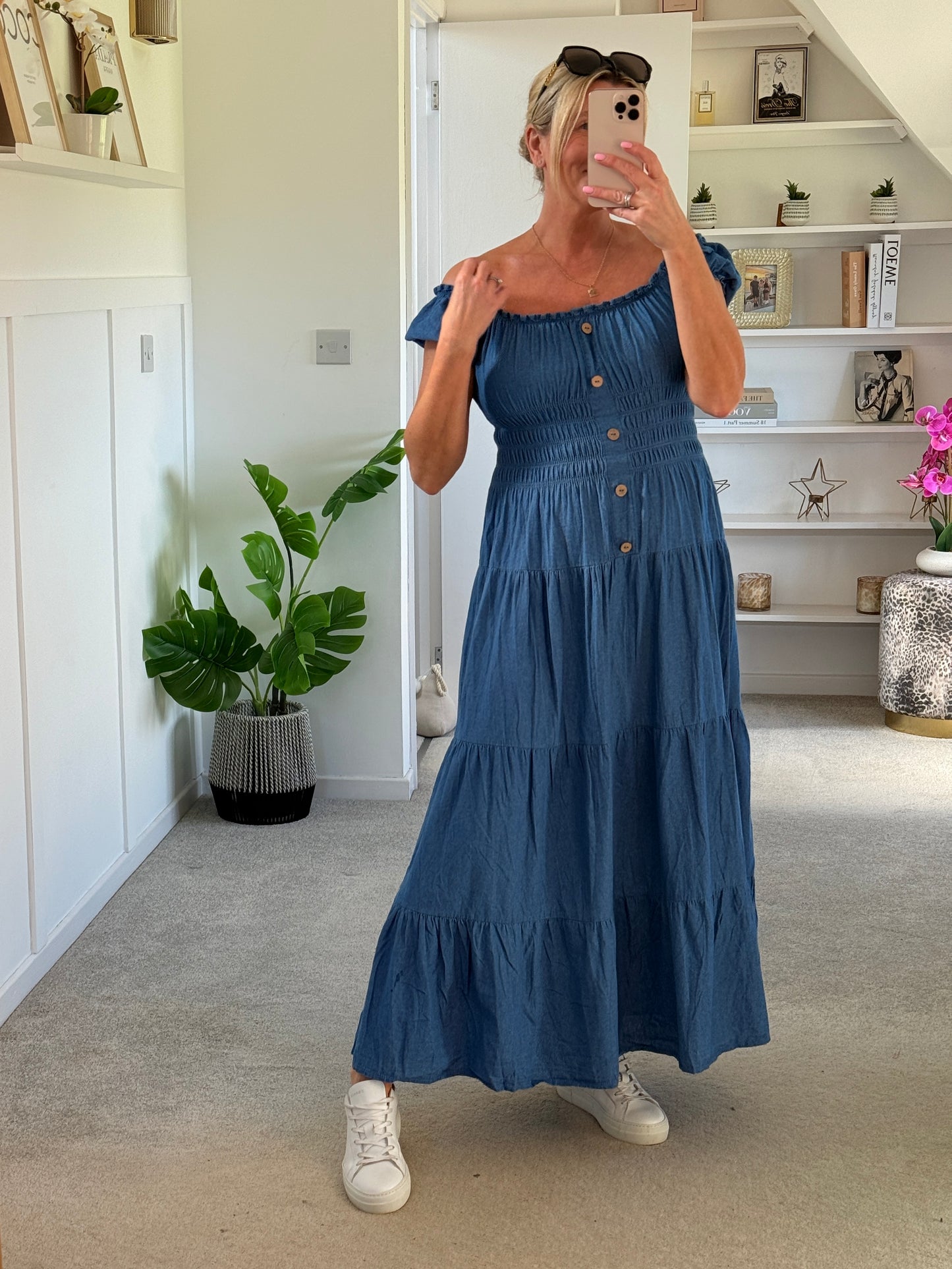 Blue Denim Bardot Tiered Maxi Dress