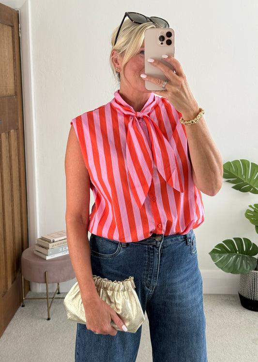 Pink/Orange Stripe Tie-Neck Blouse