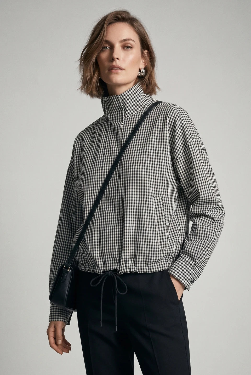 Burgundy Check Funnel Neck Jacket