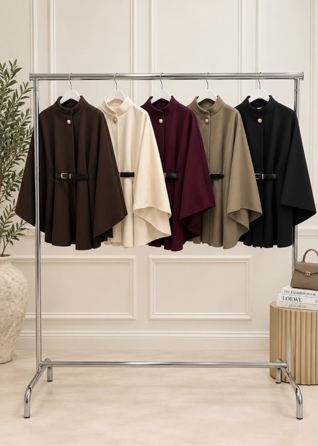 Chocolate Funnel Neck Belted Cape Jacket