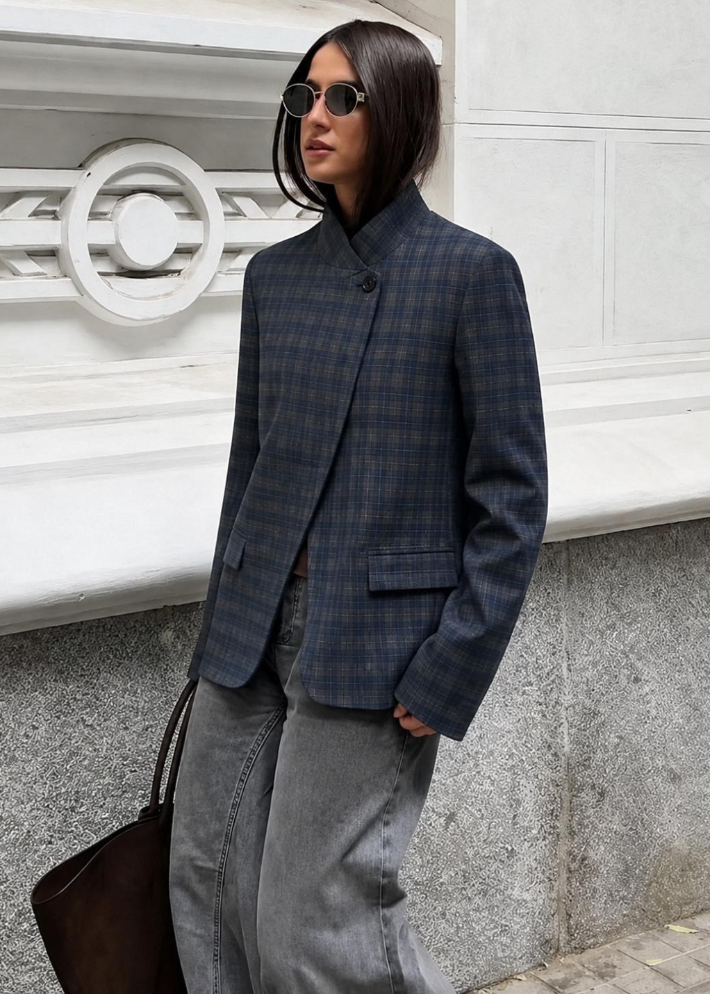 Taupe/Choc Check Asymmetric Button Blazer