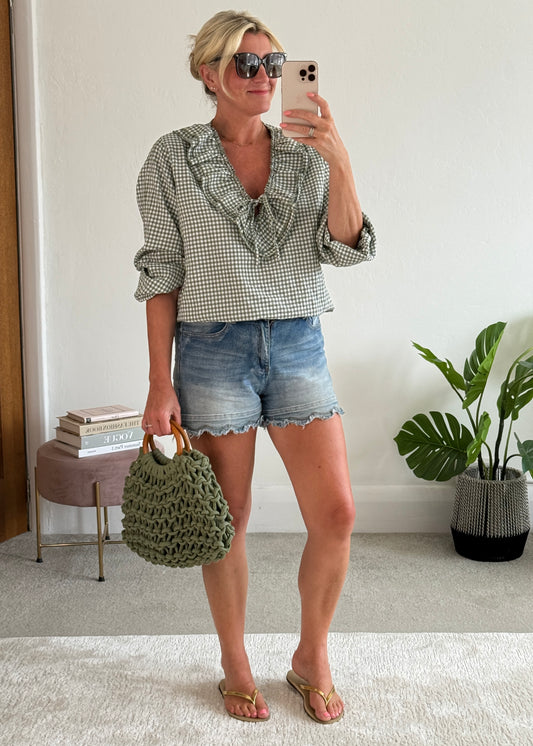 Khaki Gingham Ruffle Blouse