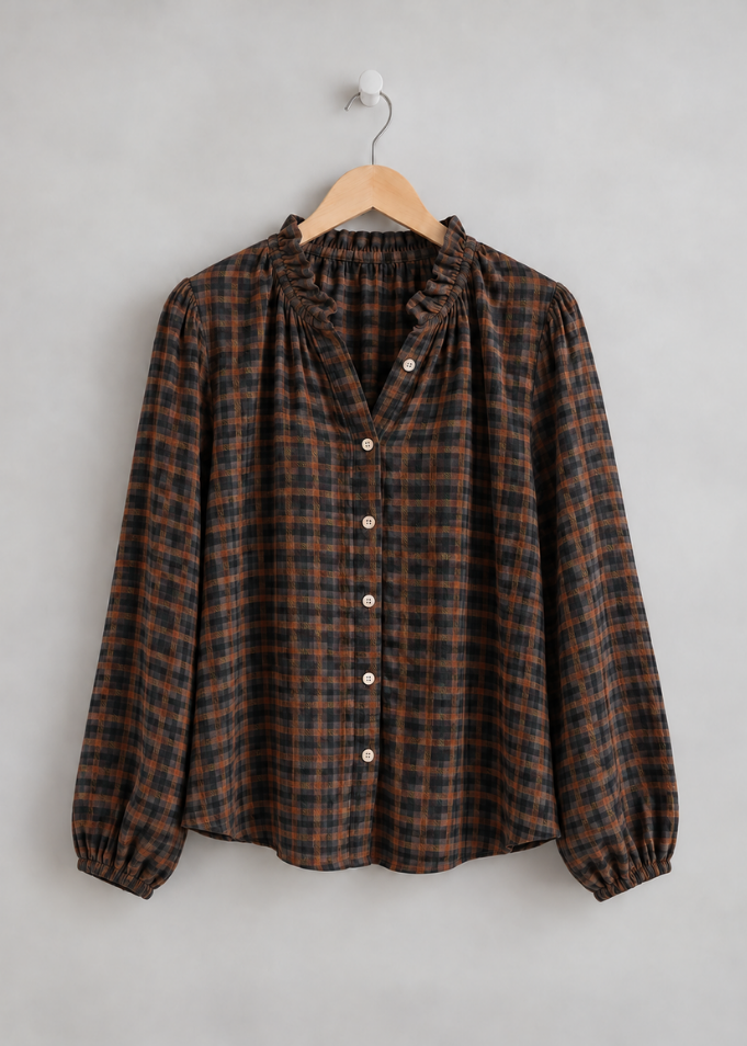 Mocha/Tan Heritage Check Frill Collar Blouse