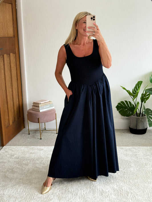 Navy V Waist Pocket Maxi Dress