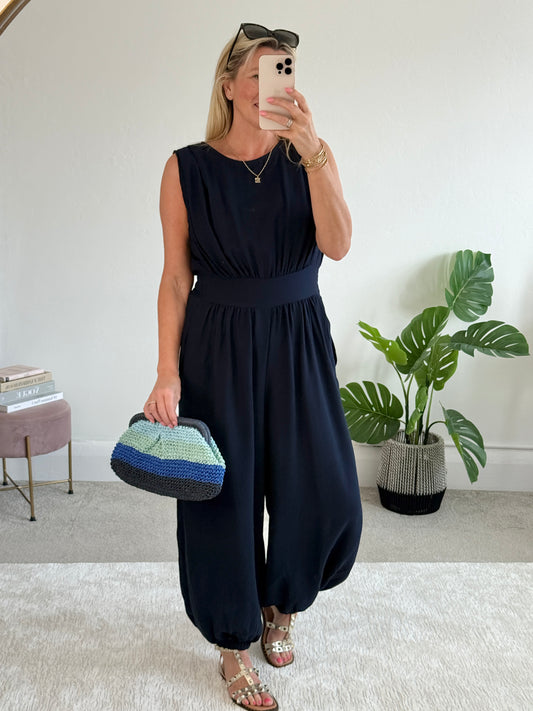 Navy Elasticated Sleeveless Harem Jumpsuit