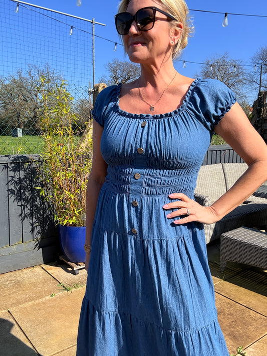Blue Denim Bardot Tiered Maxi Dress