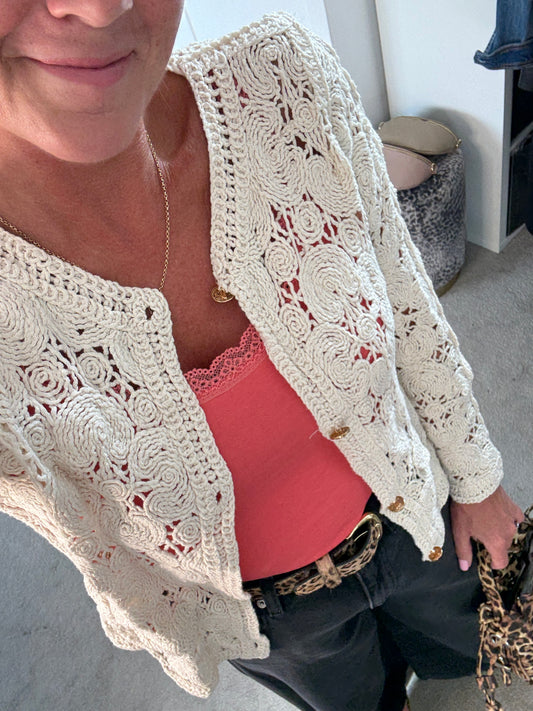 Stone Crochet Cardigan with Gold Buttons