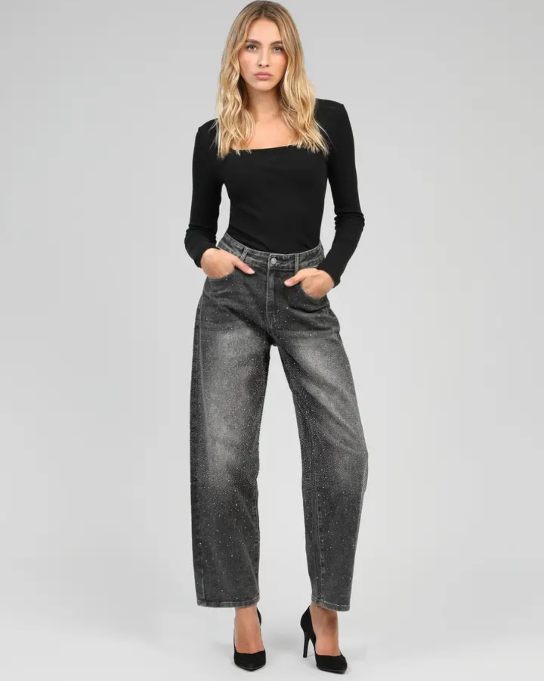 Grey Palone Glitter Barrel Leg Jeans