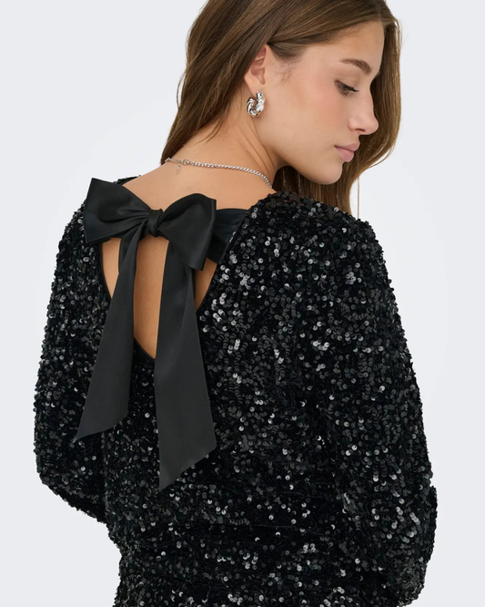 Black Sequin Satin Bow Back Top