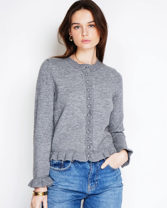 Grey Ruffled Buttoned Cardigan
