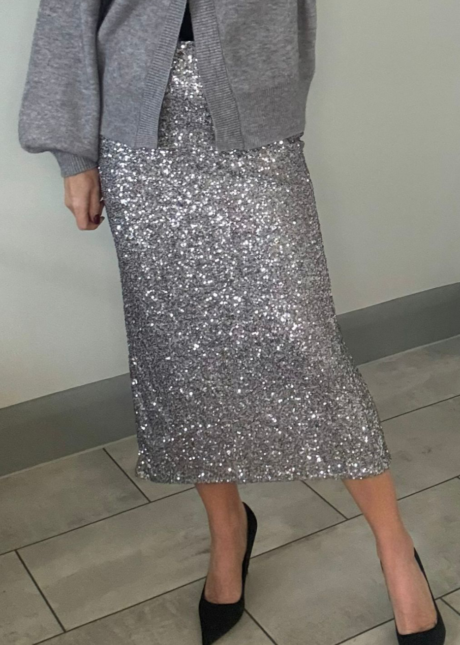 Silver Luxe Sequin Pencil Skirt