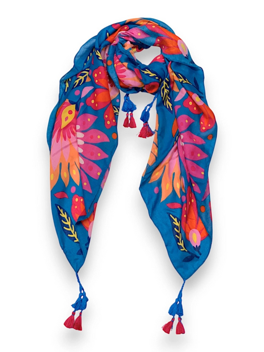 Blue Lotus Print Tassel Square Scarf