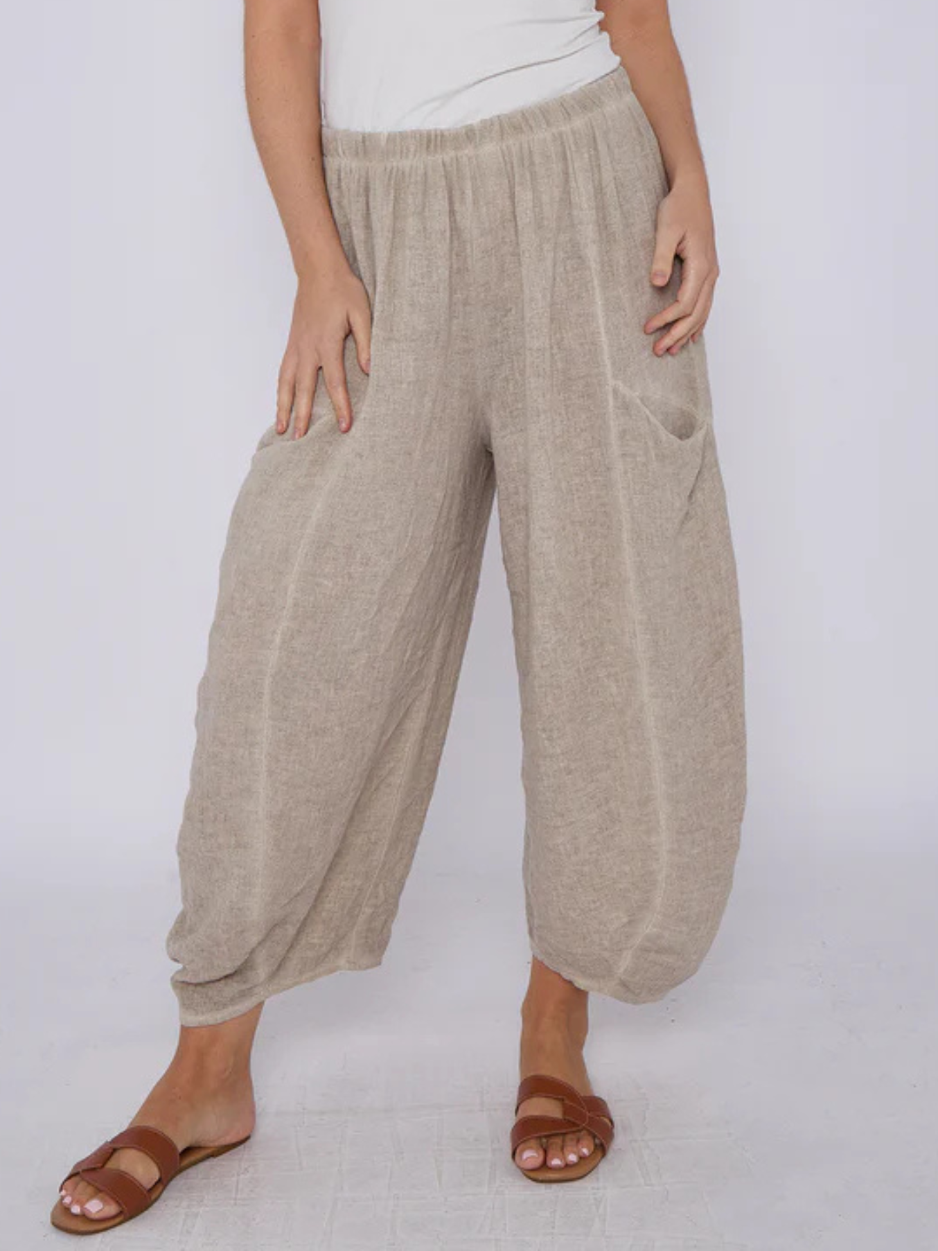 Mocha Washed Linen Barrel Pocket Trousers