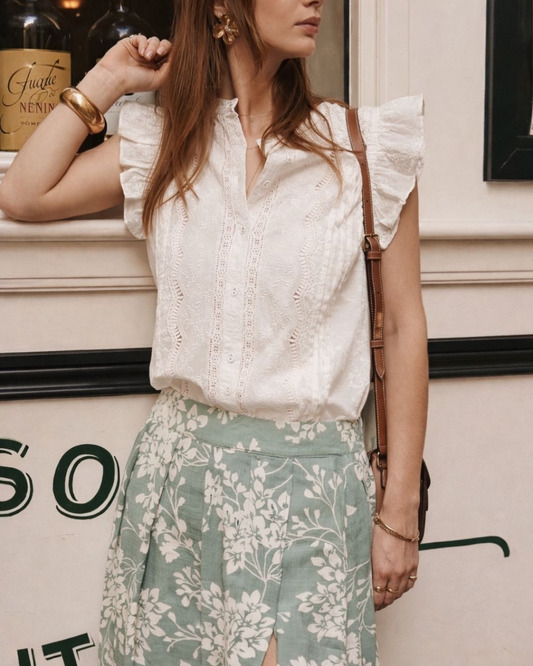 Oatmeal Frill Sleeve Lace Embroidered Blouse