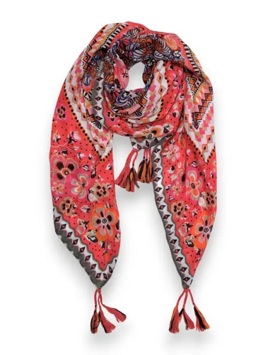 Coral Flower Tassel Square Scarf
