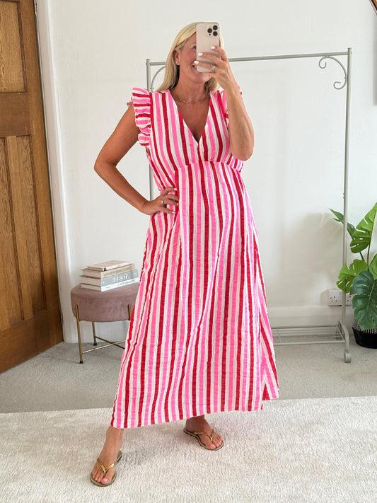 Neon Pink/Red Stripe Cheesecloth Frill Sleeve Maxi Dress