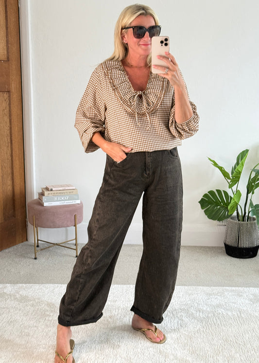 Coffee Gingham Ruffle Blouse