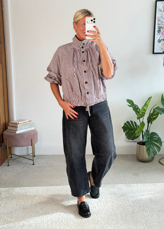 Plum Check Funnel Neck Jacket