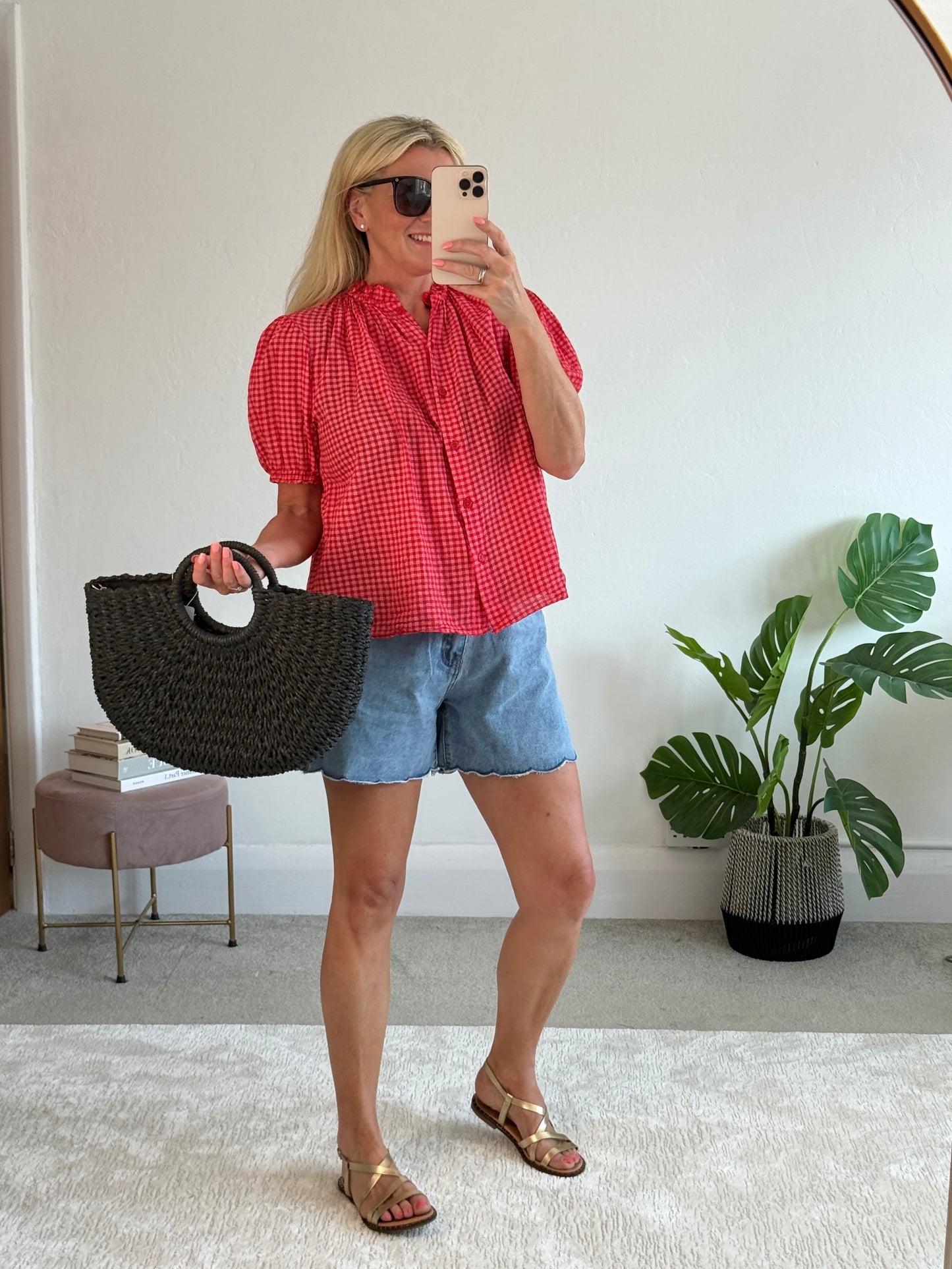 Red Gingham Puff Sleeve Blouse
