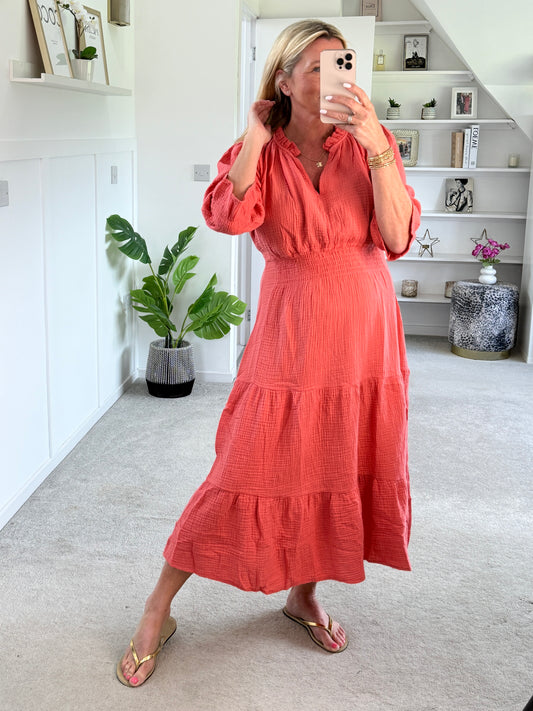 Coral Cotton Cheesecloth V-Neck Tiered Dress