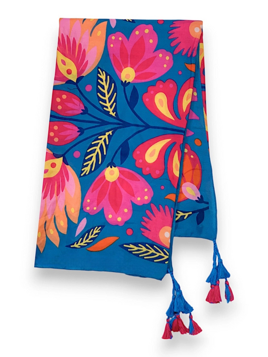 Blue Lotus Print Tassel Square Scarf