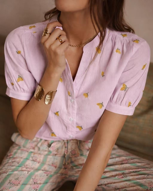Pale Pink Lemon Embroidered Puff Sleeve Blouse