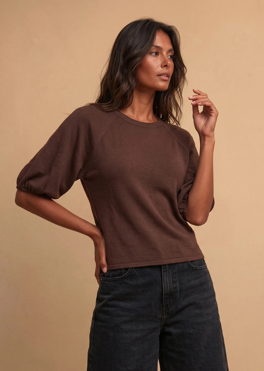 Chocolate Puff Sleeve Knitted Top
