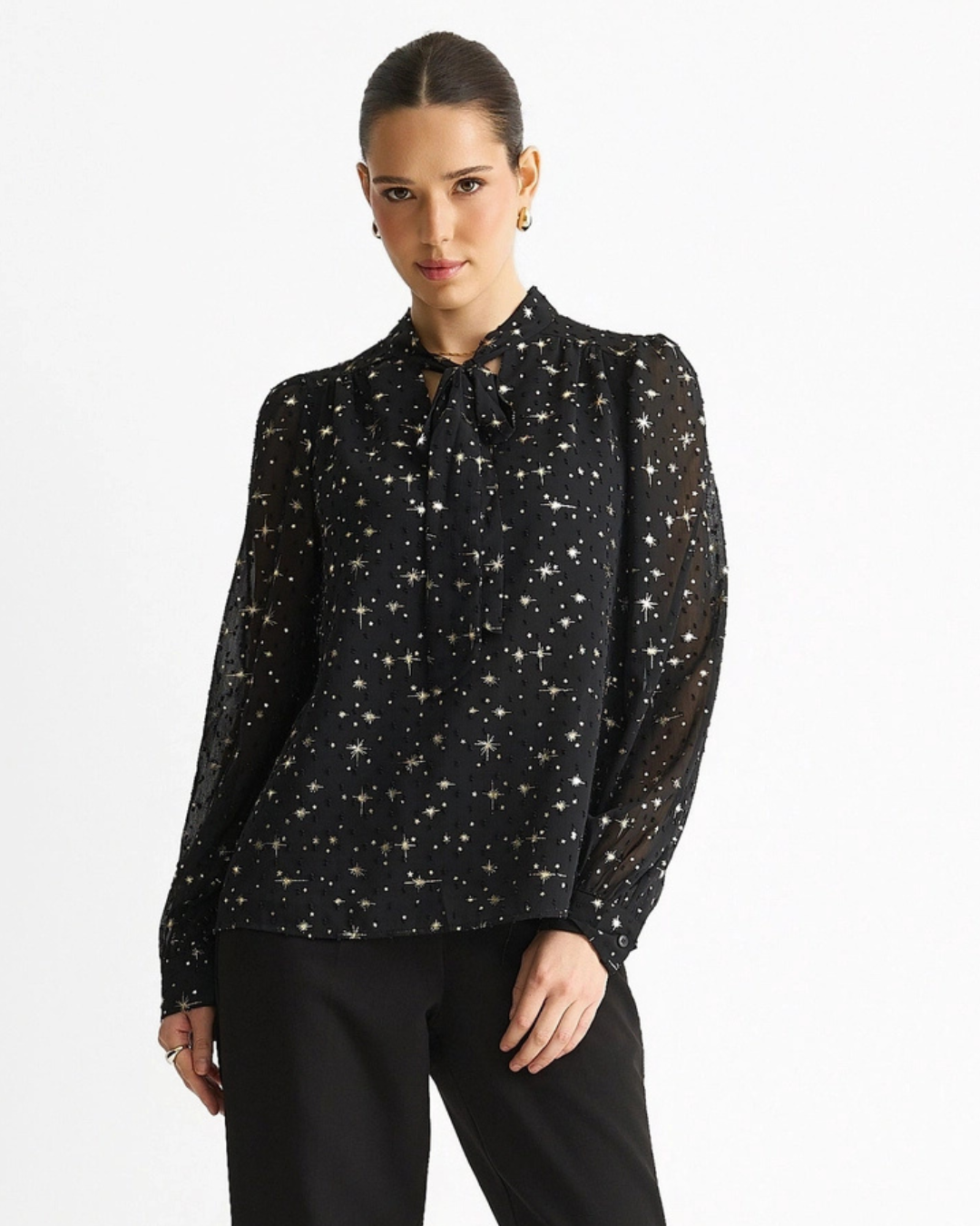 Black Dobby Star Chiffon Tie Neck Blouse