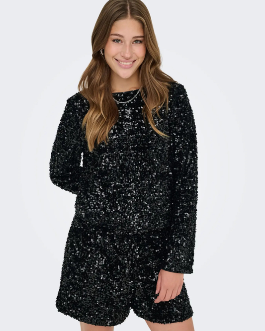 Black Sequin Satin Bow Back Top
