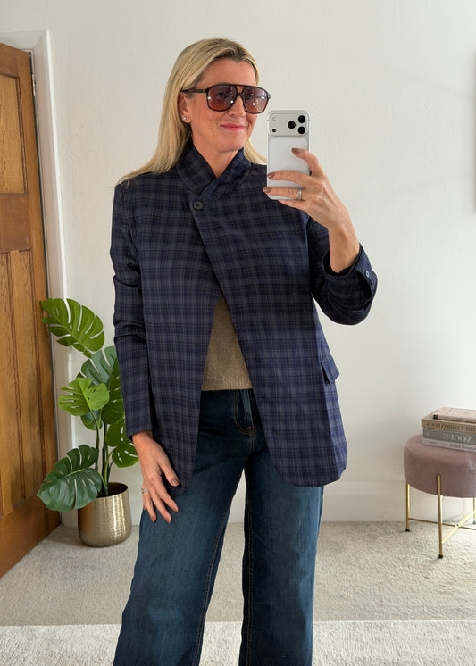 Navy/Blue Check Asymmetric Button Blazer