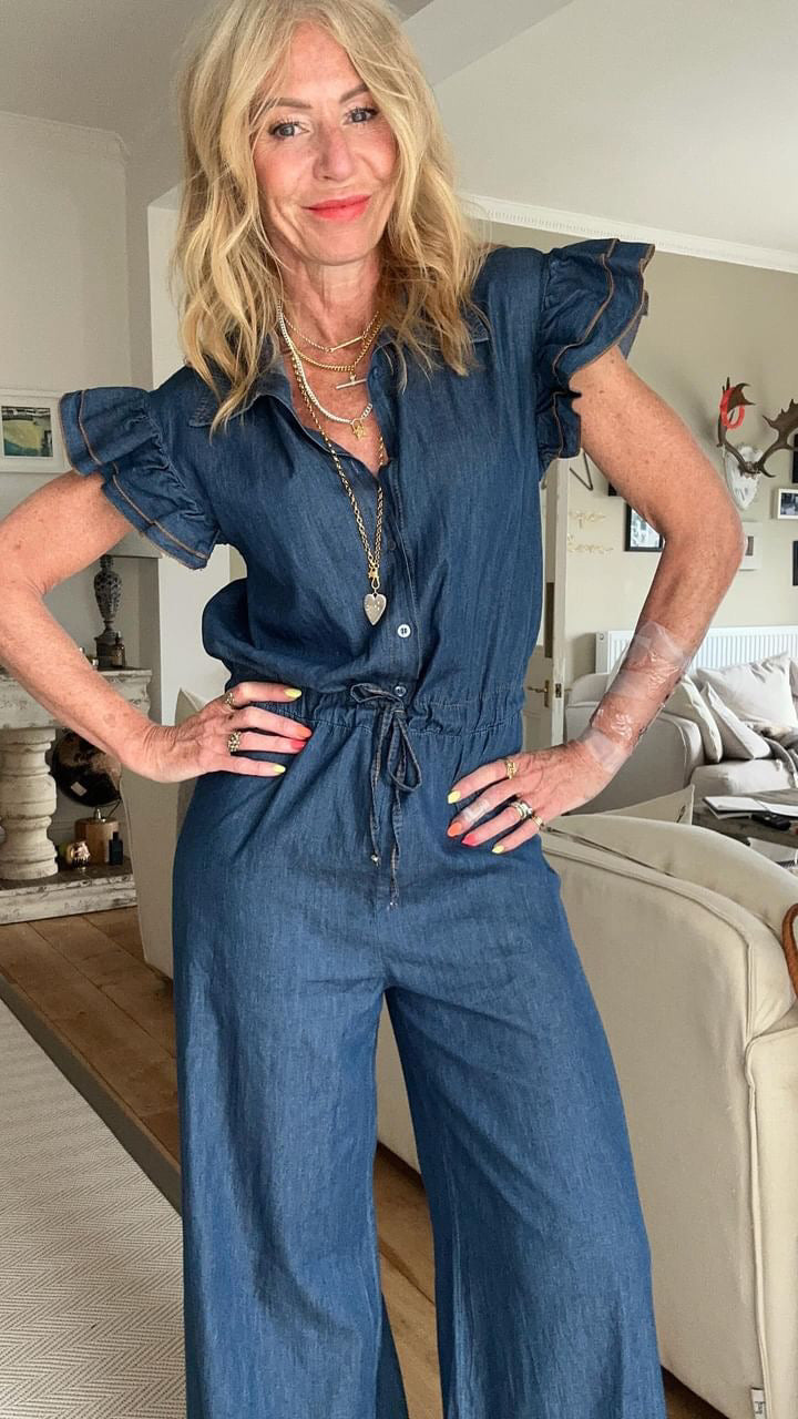 Chambray Denim Frill Sleeve Jumpsuit