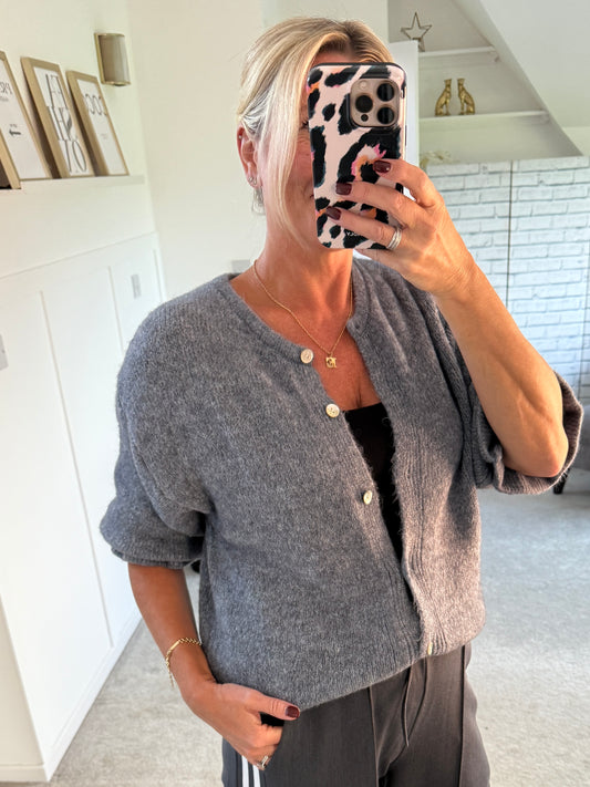 Grey Alpaca Mix Frill Sleeve Cardigan
