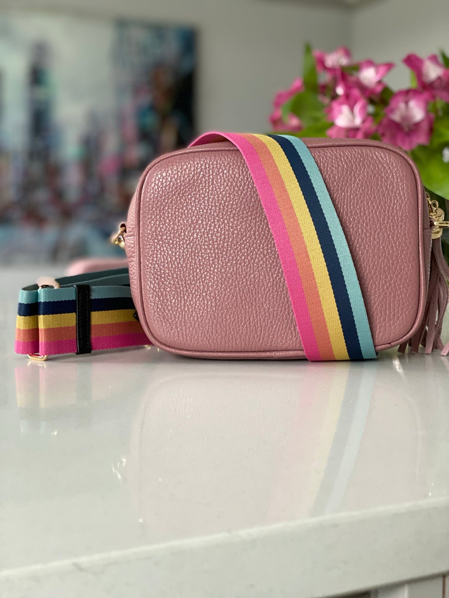 smoke Rose Leather Tassel Cross Body Bag