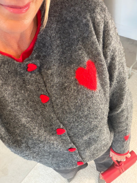 Grey/Red ❤️ Heart Button Cardigan