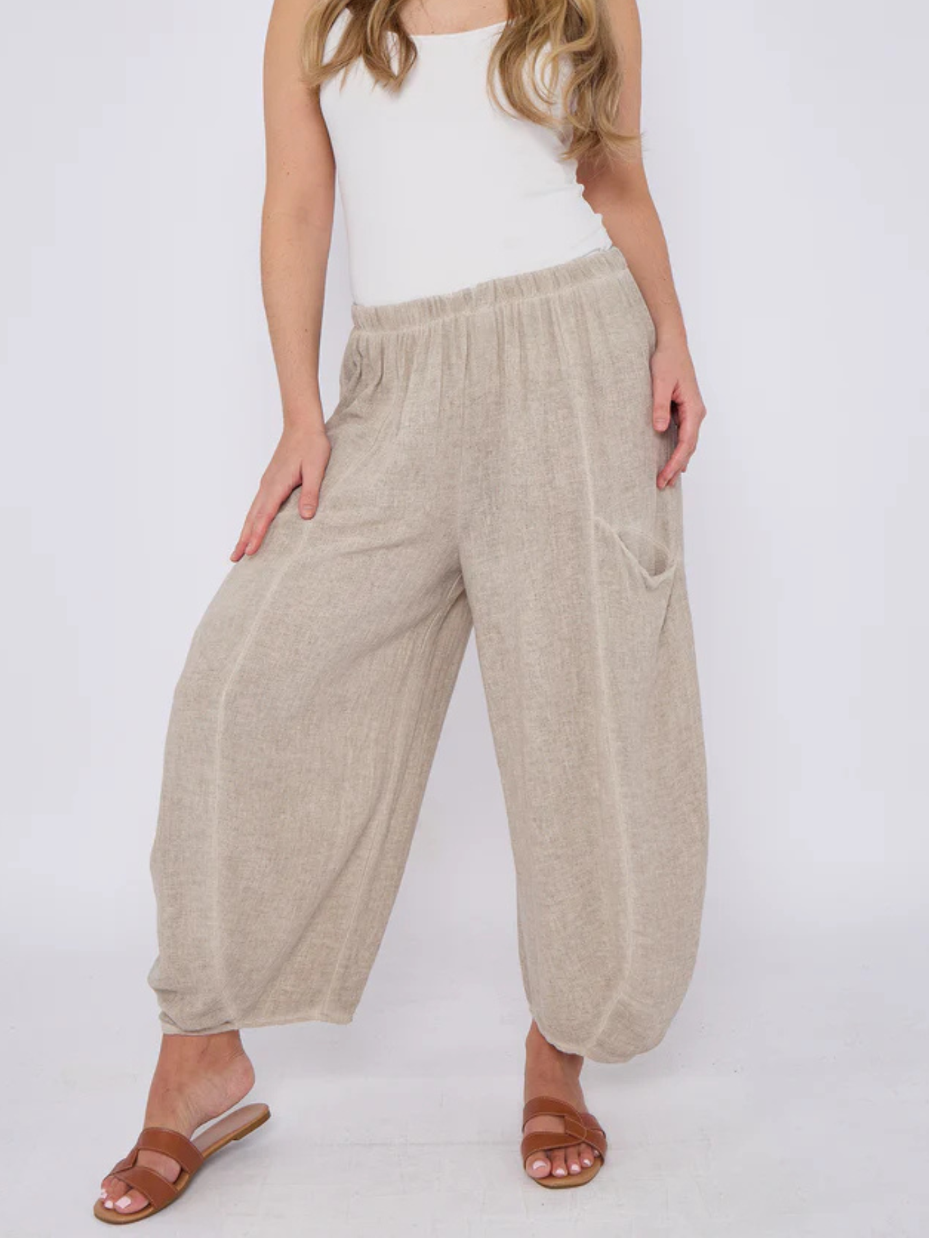 Mocha Washed Linen Barrel Pocket Trousers