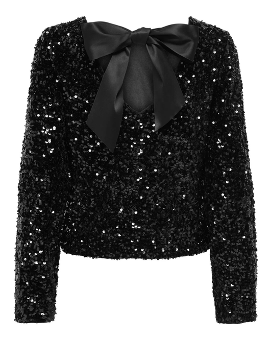 Black Sequin Satin Bow Back Top