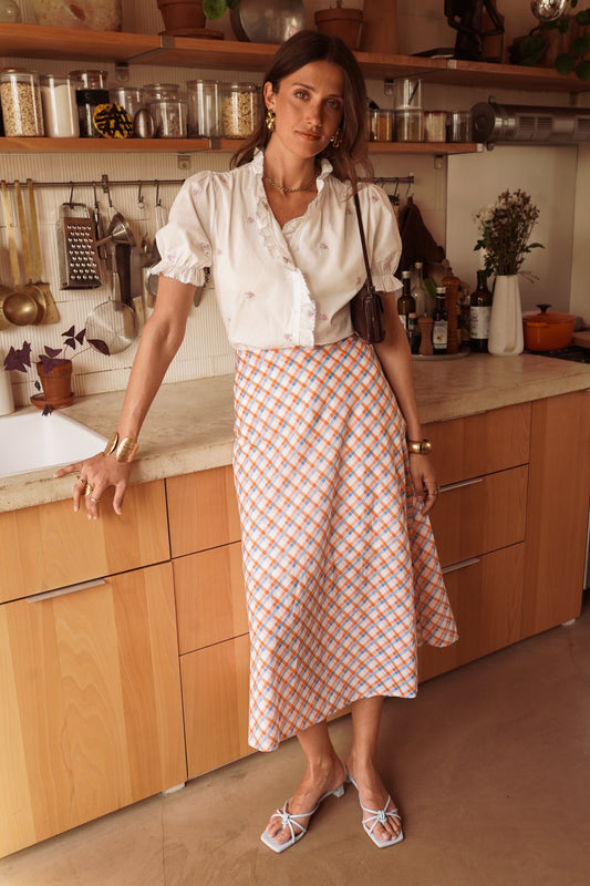 Orange/Blue Retro Check Flared Midi Skirt