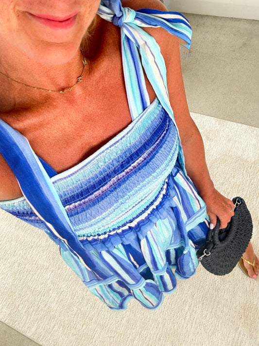 Turquoise Striped Shirred Dress