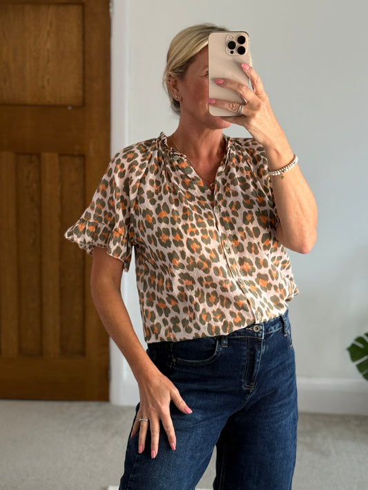 Khaki/Orange Leopard Frill Sleeve Blouse