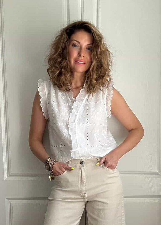 White Broderie Anglaise Frill Sleeve Blouse