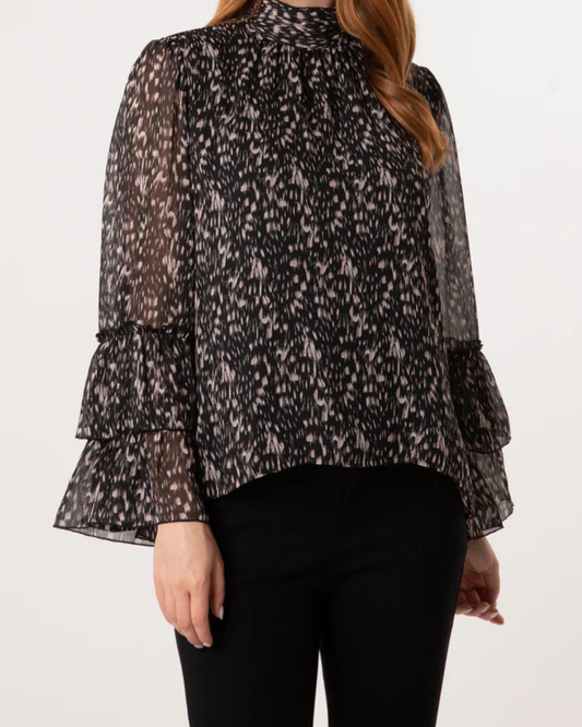 Black Printed Ruffle Sleeve Blouse