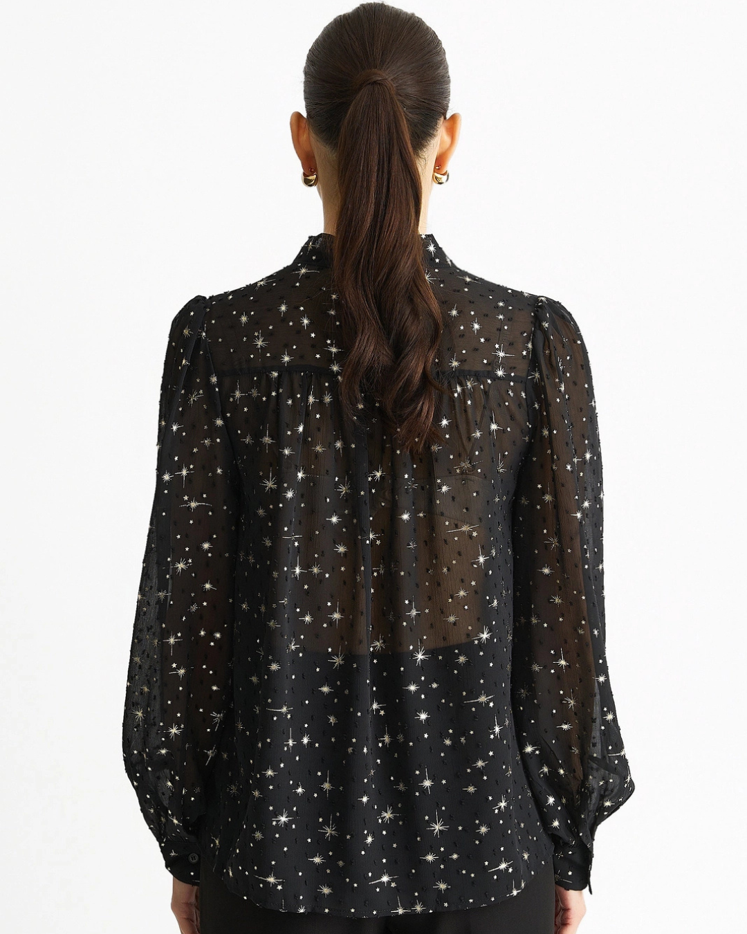Black Dobby Star Chiffon Tie Neck Blouse