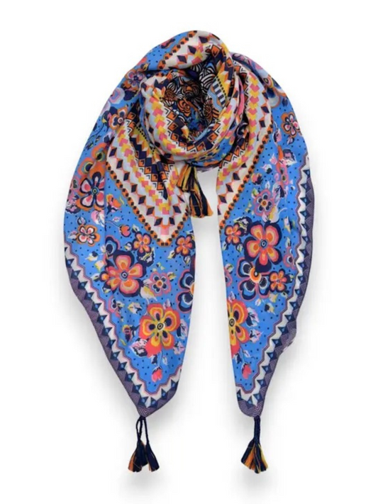 Blue Flower Tassel Square Scarf