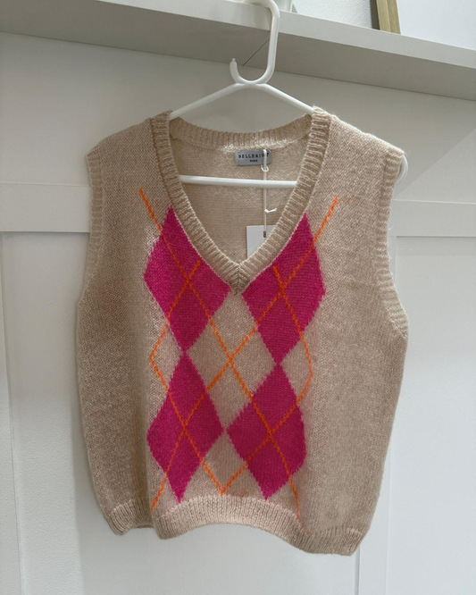 Beige/Pink Argyle V Neck Tank Top