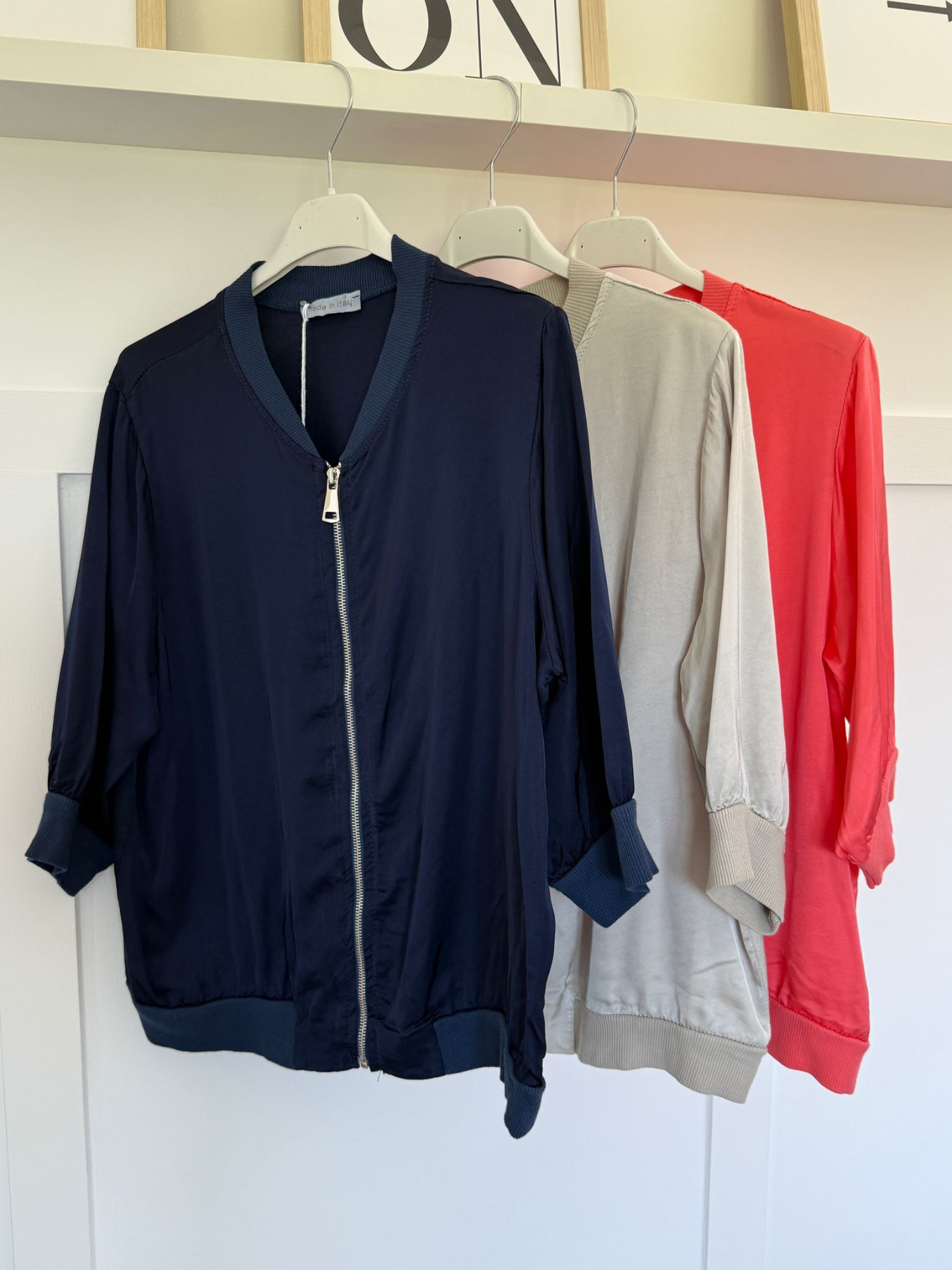 White Silk Mix 1/2 Sleeve Bomber Jacket