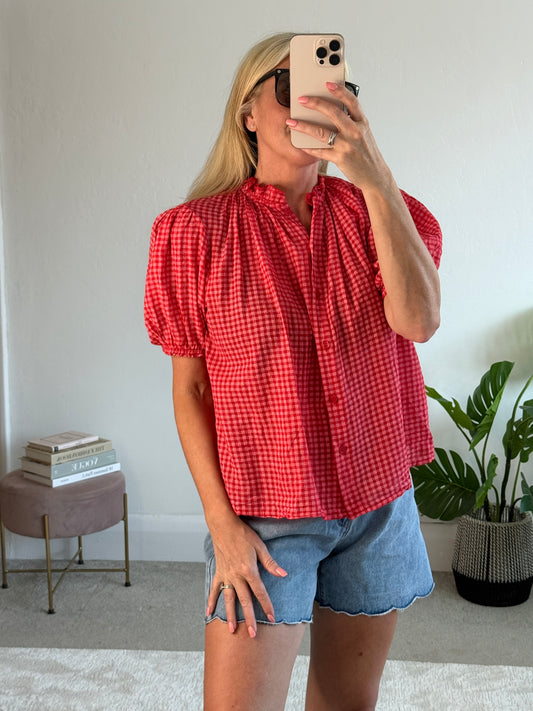 Red Gingham Frill Sleeve Blouse
