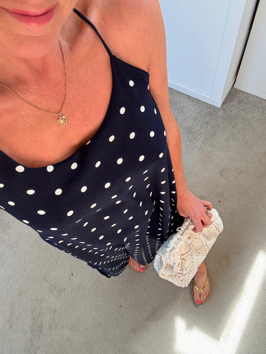 Navy/White Polka Dot Strappy Maxi Dress