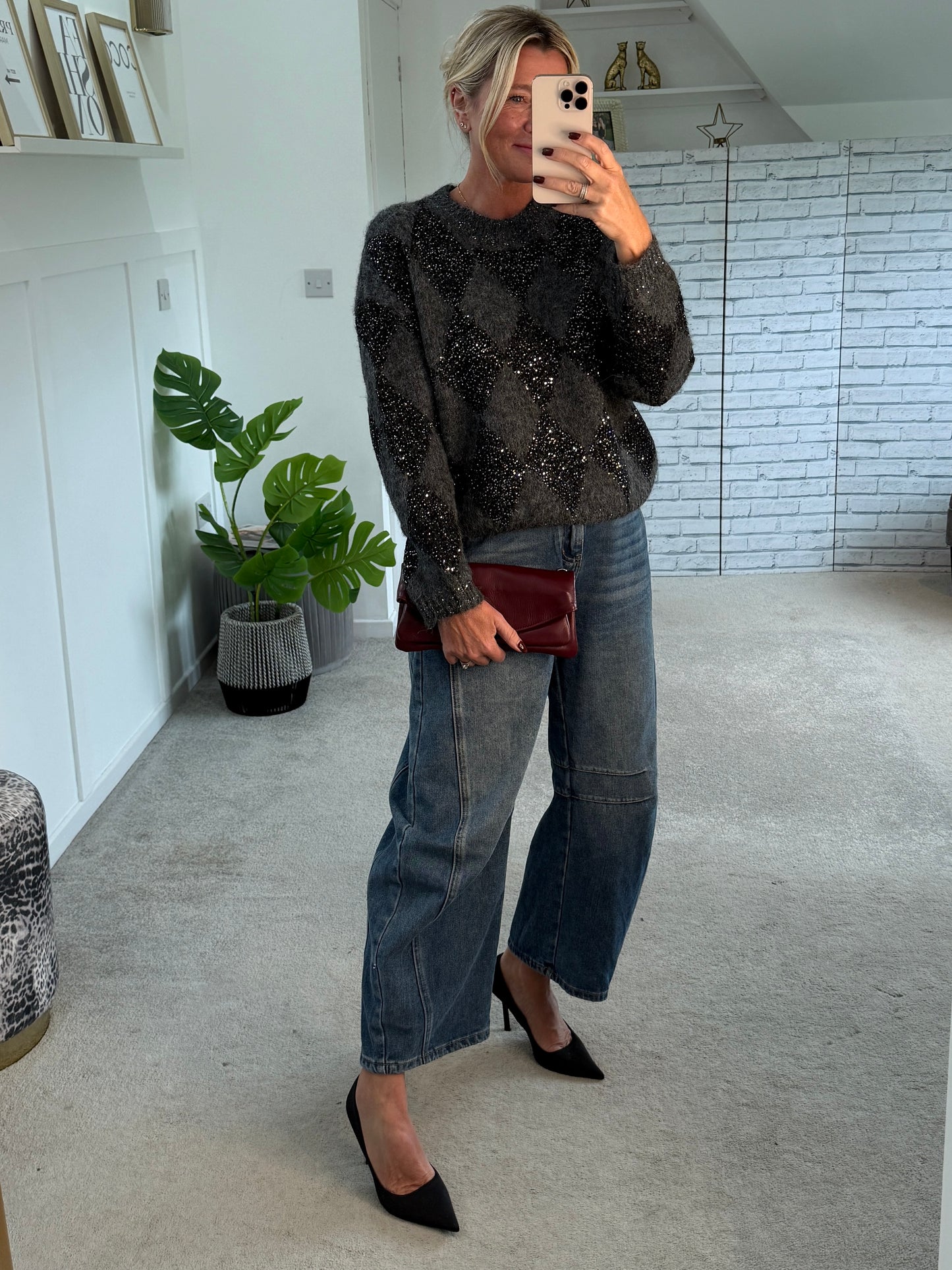 Grey Sequin Argyle Diamond Knit Jumper